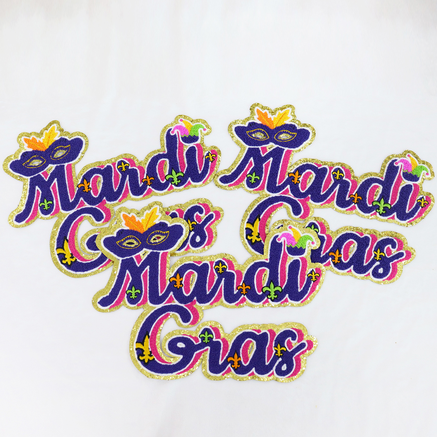 Mardi Gras Chenille Embroidery Patches Custom Sequin Letter Patches For Clothing Adhesive Woven Patch Iron On