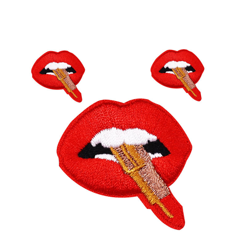 Factory fashion vintage patch sexy red lips lipstick logo designer apparel t shirt iron on embroidery patches