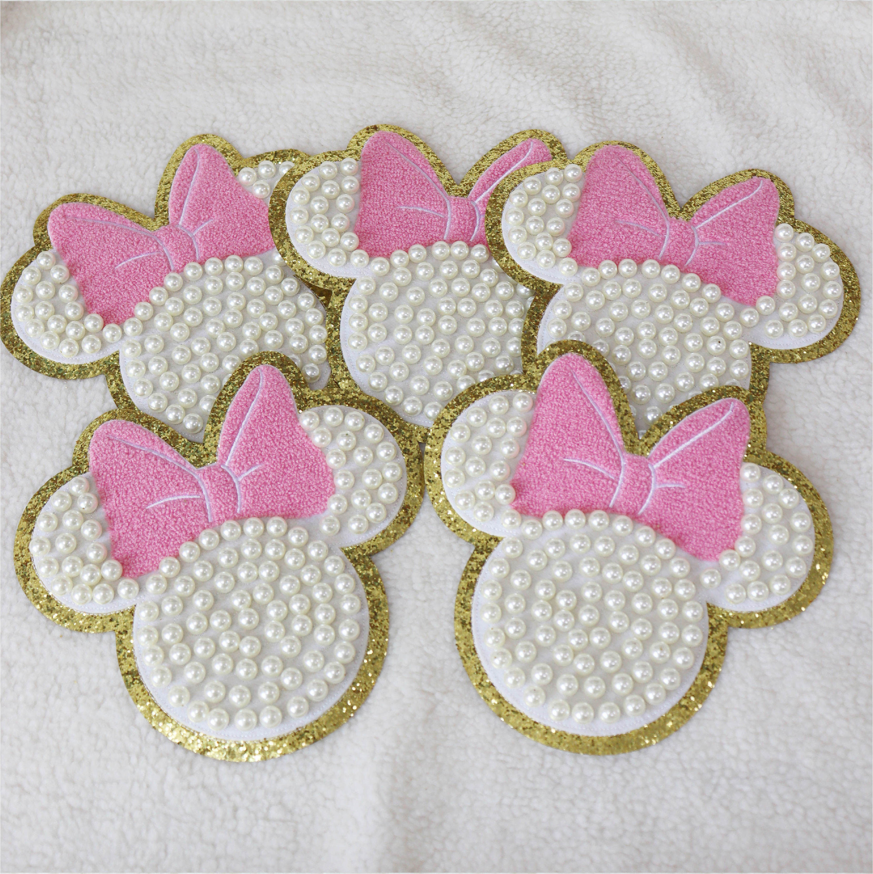 Factaory custom Gorgeous Mickey Minnie disneypark Head Glitter Border Full Pearl Beading chenille Adhesive Patches