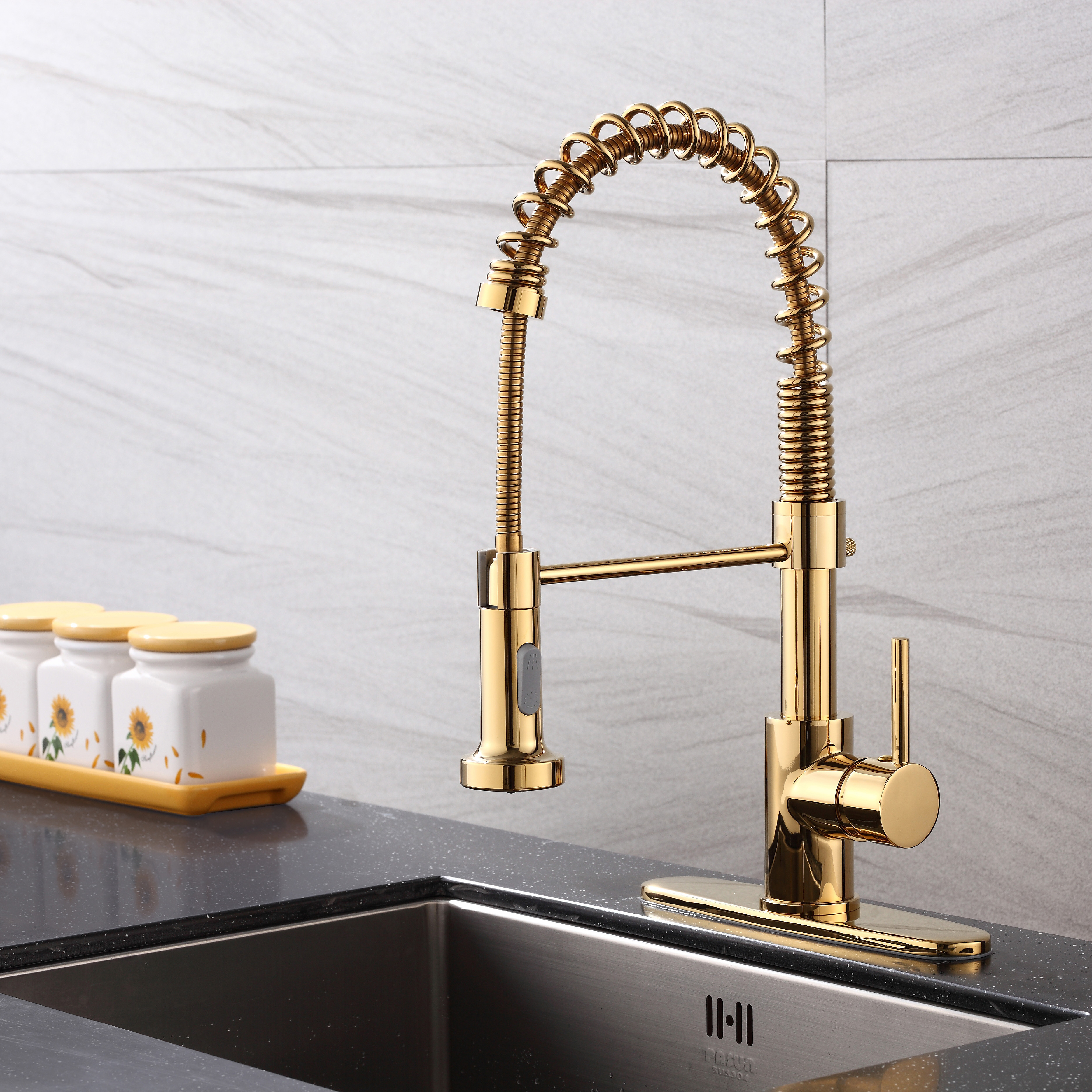 Tidjune Flexible Faucets Gold Hot and Cold Water Mixer Tap Pull Down Sprayer Kitchen Sink Faucets Contemporary Pull Out Spring