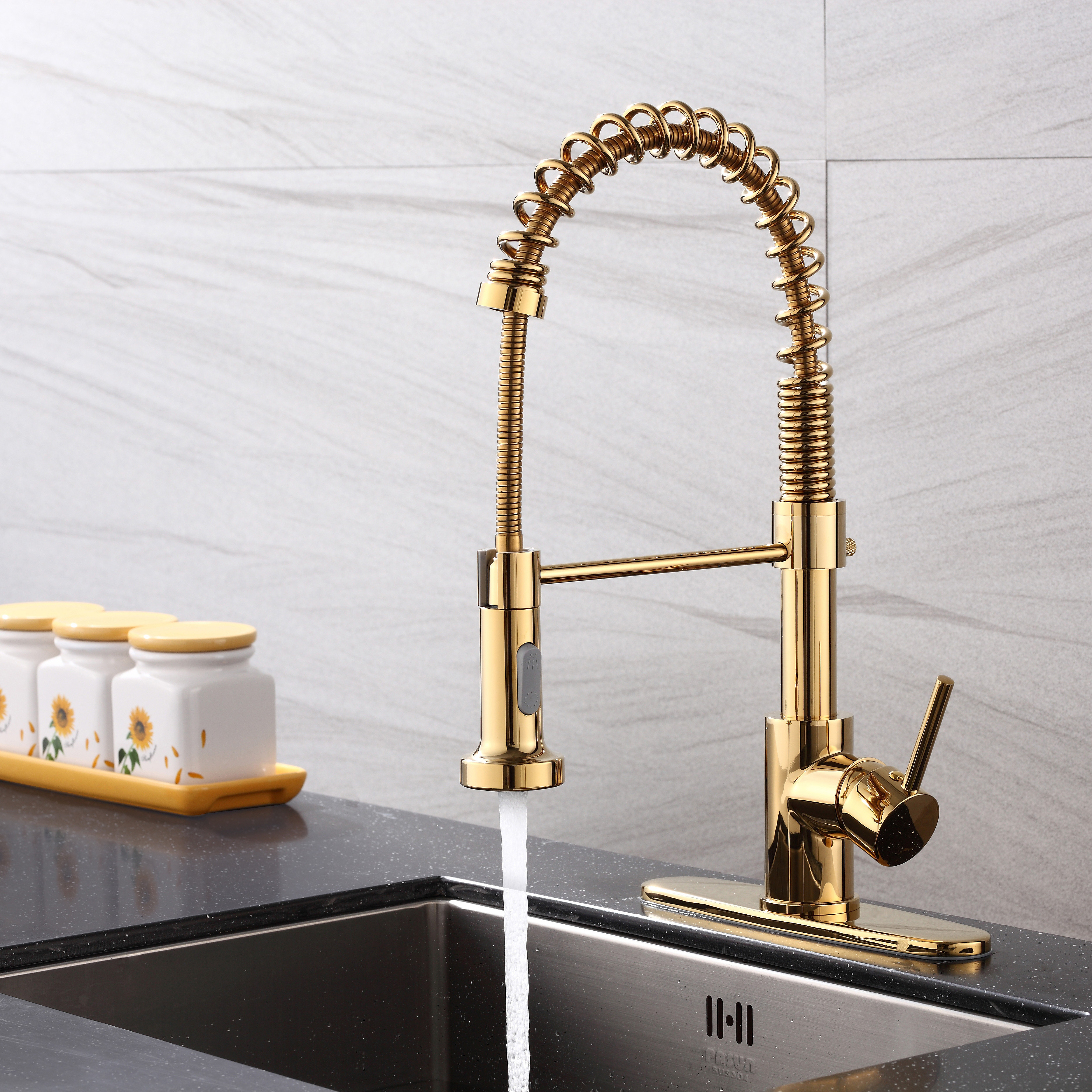 Tidjune Flexible Faucets Gold Hot and Cold Water Mixer Tap Pull Down Sprayer Kitchen Sink Faucets Contemporary Pull Out Spring