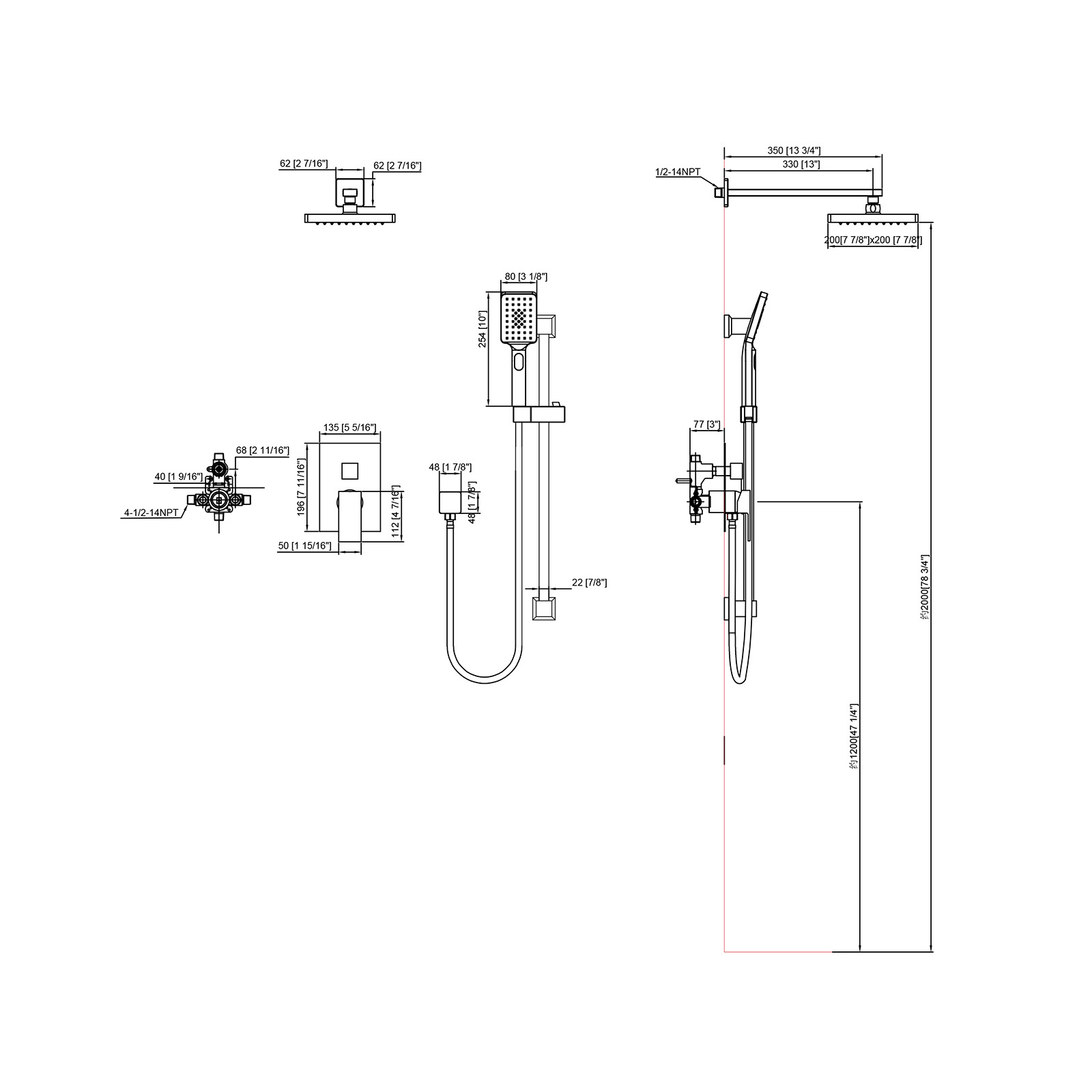 Shower System, 12 Inch Rain High Pressure Shower Heads and Handheld Slide Bar Shower Faucets Sets Complete Included Valve