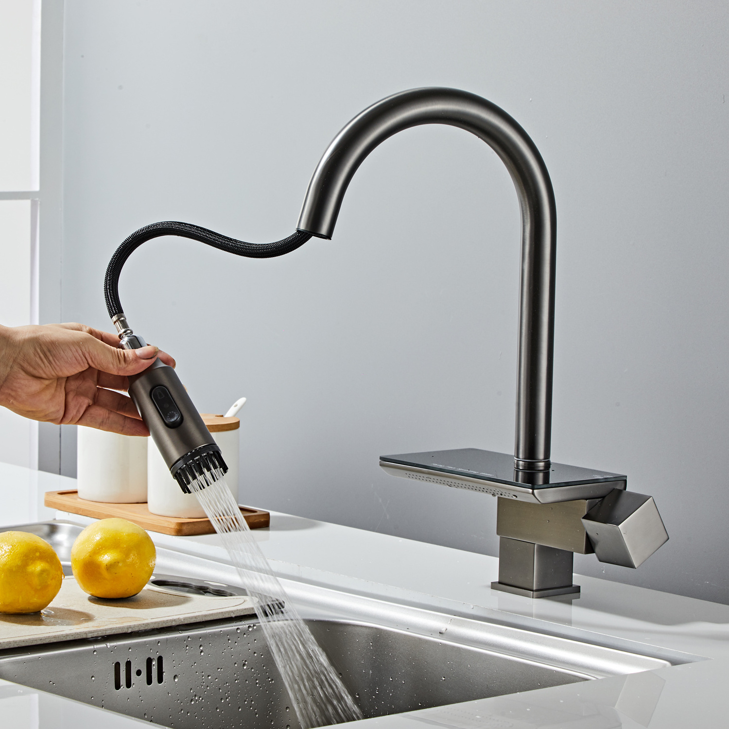 Luxury Black Gunmetal kitchen sink Smart Brass Waterfall Rainfall Energy-Generation Rotating Kitchen Faucet with Digital Display