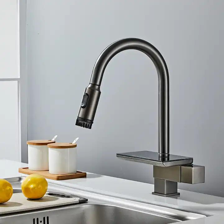 Luxury Black Gunmetal kitchen sink Smart Brass Waterfall Rainfall Energy-Generation Rotating Kitchen Faucet with Digital Display