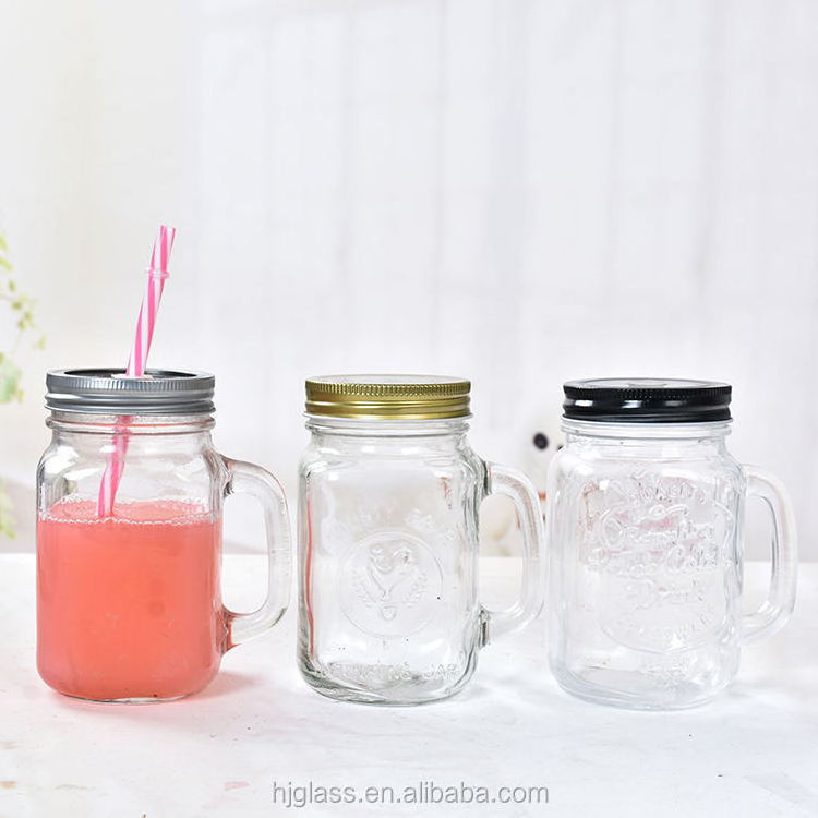 Colored fancy 16oz bulk mason jar wholesale with metal lid and plastic straw handle