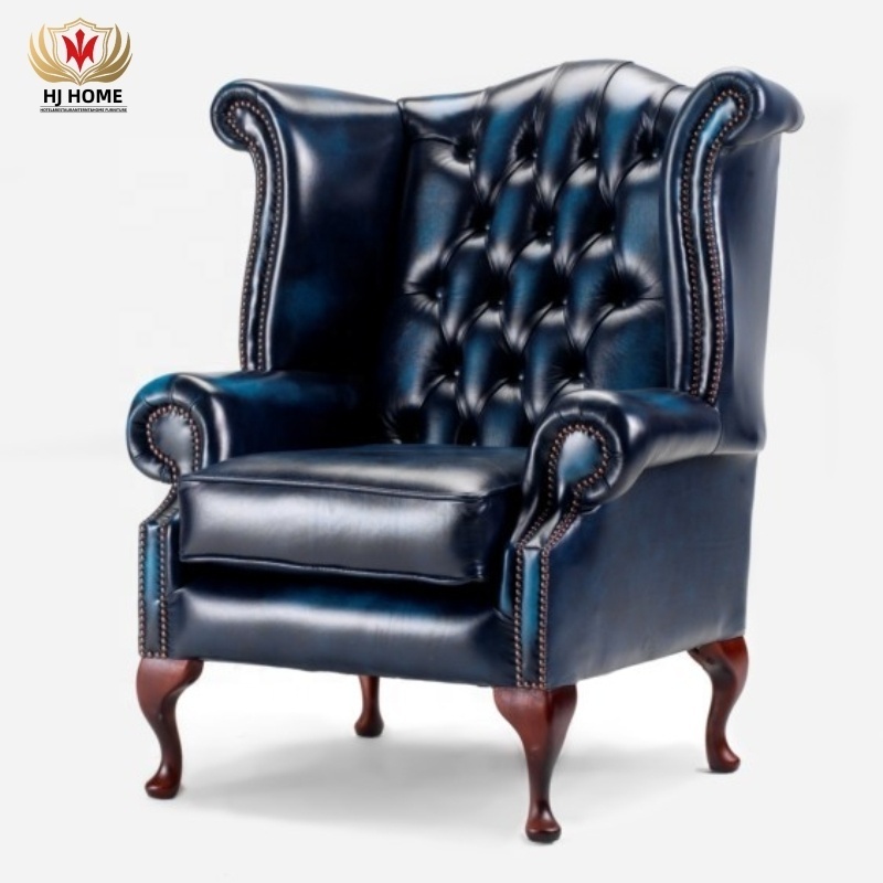 HJ HOME Chesterfield Queen Anne High Back Wing Chair Antique Blue Real Leather Accent Armchair