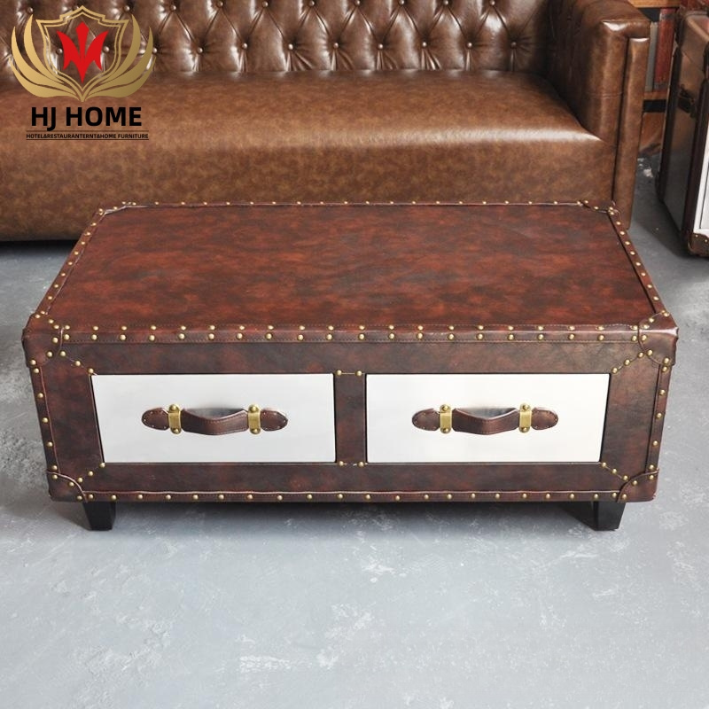 HJ HOME American Retro Living Room Upholstered Leather Tea Table Brown Industrial Antique Coffee Shop Bar KTV Storage