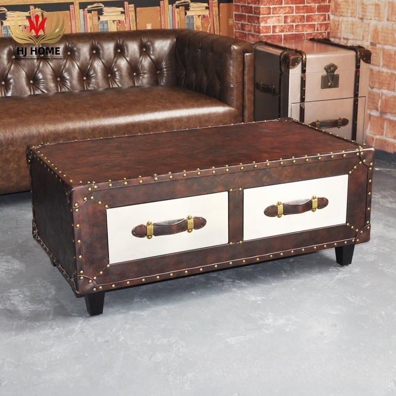 HJ HOME American Retro Living Room Upholstered Leather Tea Table Brown Industrial Antique Coffee Shop Bar KTV Storage