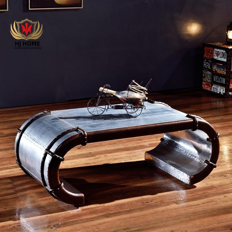 HJ HOME Pilot Luxury Bransaster Coffee Table Trunk Design Wooden Industrial Antique Aluminum Mental Tea Table