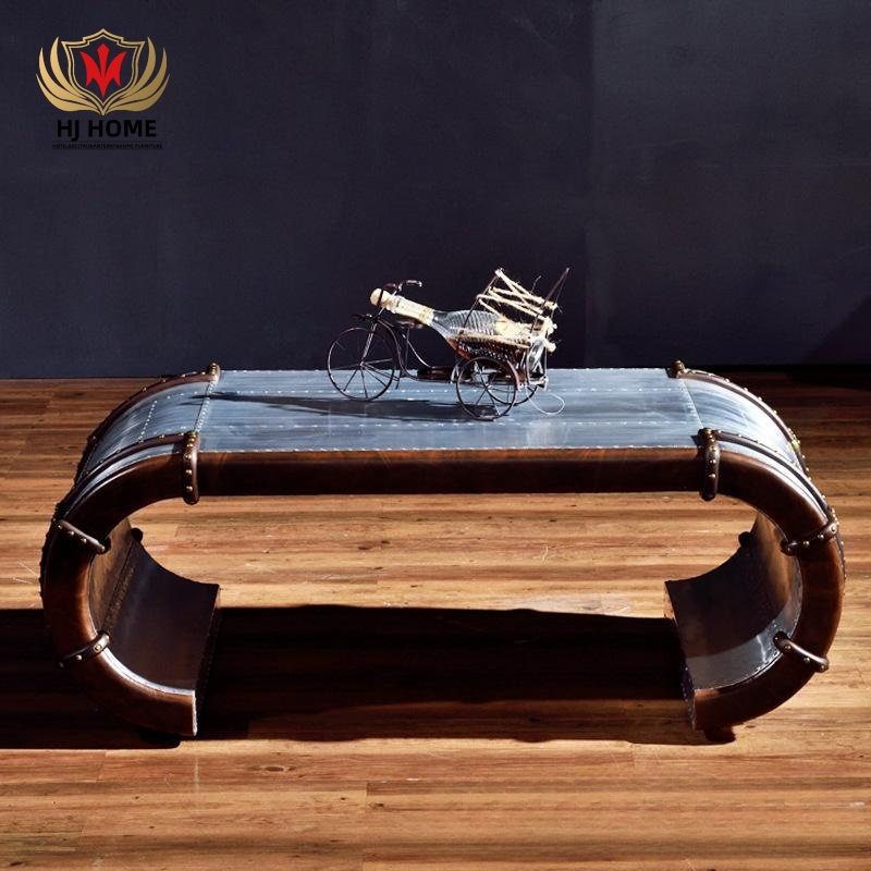 HJ HOME Pilot Luxury Bransaster Coffee Table Trunk Design Wooden Industrial Antique Aluminum Mental Tea Table