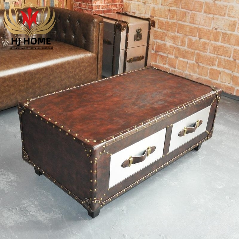 HJ HOME American Retro Living Room Upholstered Leather Tea Table Brown Industrial Antique Coffee Shop Bar KTV Storage