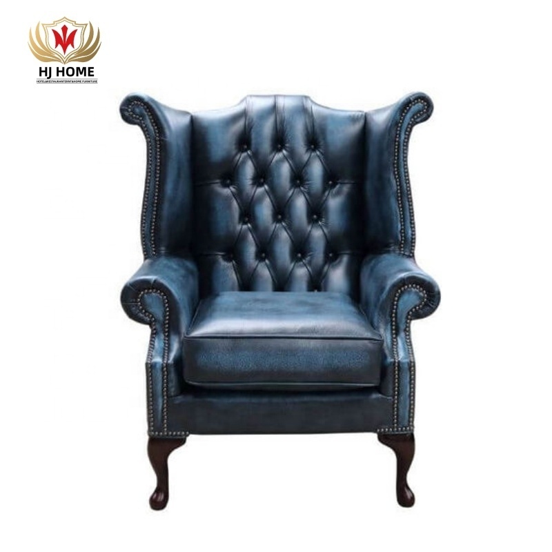 HJ HOME Chesterfield Queen Anne High Back Wing Chair Antique Blue Real Leather Accent Armchair