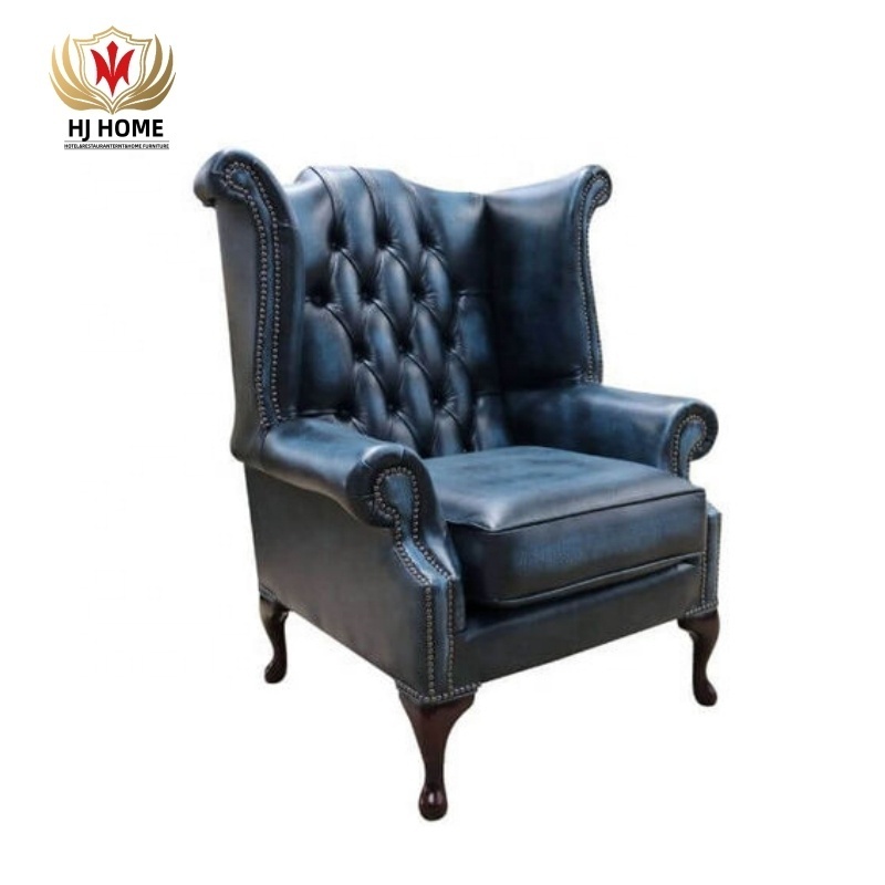 HJ HOME Chesterfield Queen Anne High Back Wing Chair Antique Blue Real Leather Accent Armchair