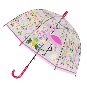 Fashion Straight Unicorn Flamingo Monkey Cartoon printing PVC Kid Birdcage plastic Clear dome Umbrella with Whistle