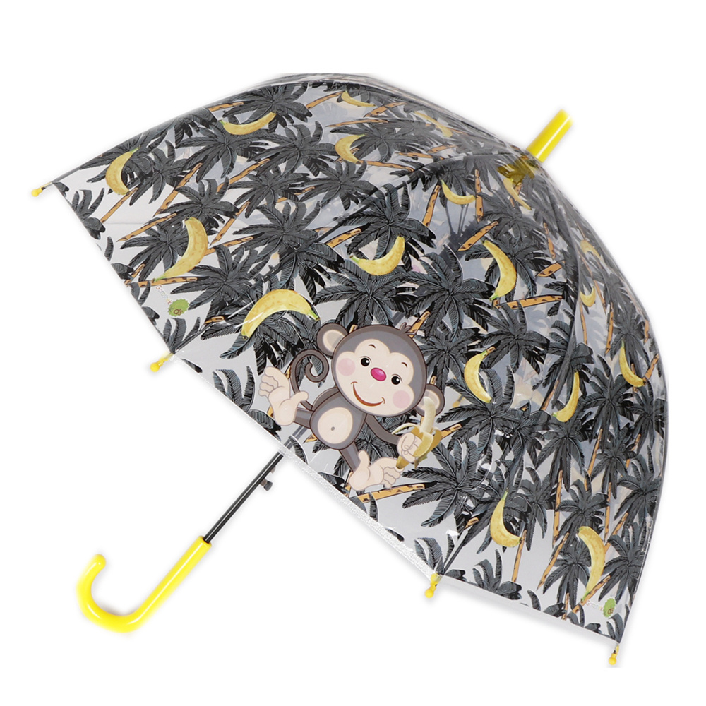 Fashion Straight Unicorn Flamingo Monkey Cartoon printing PVC Kid Birdcage plastic Clear dome Umbrella with Whistle