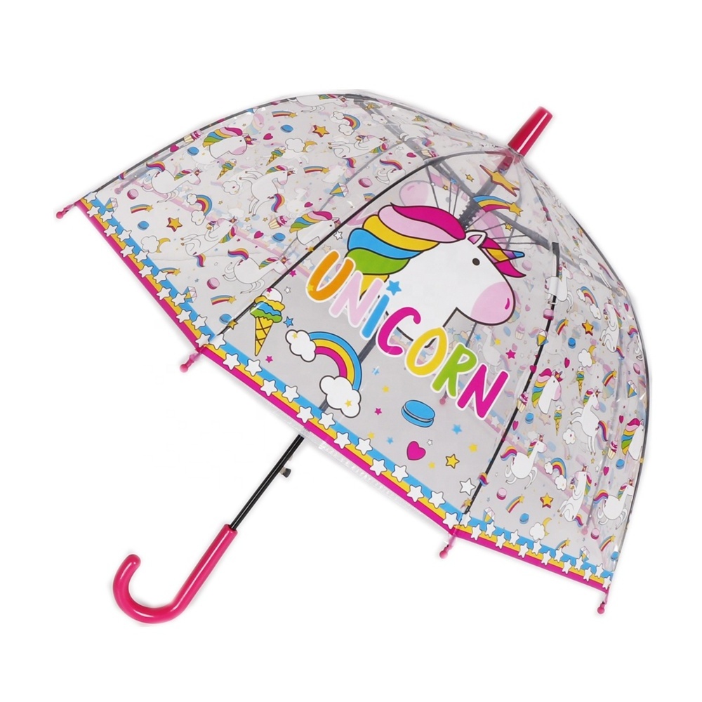 Fashion Straight Unicorn Flamingo Monkey Cartoon printing PVC Kid Birdcage plastic Clear dome Umbrella with Whistle