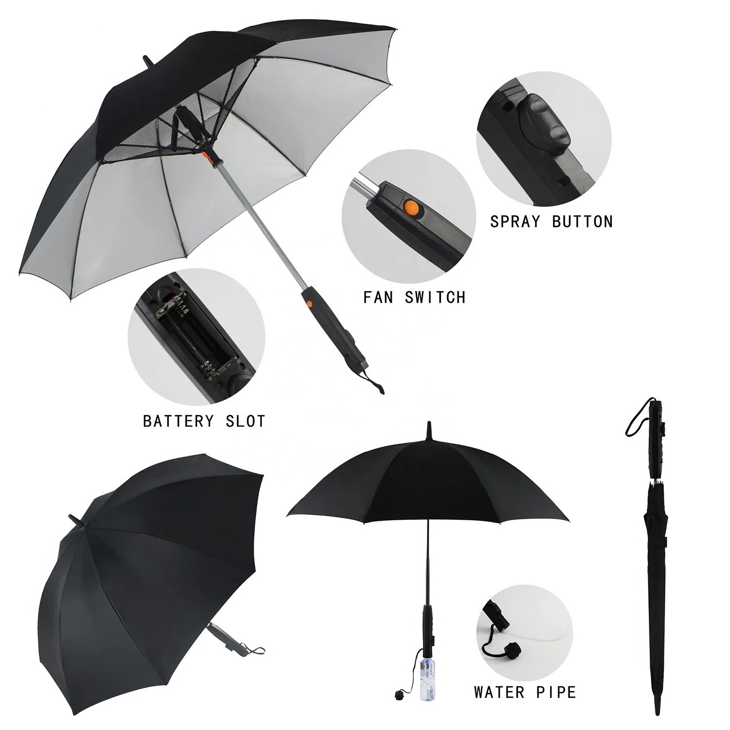 Newfangled Battery Power Outdoor Summer Sun Blast  Mist Water Attach Fan Handle Straight Umbrella with Hot Fan and Water Spray