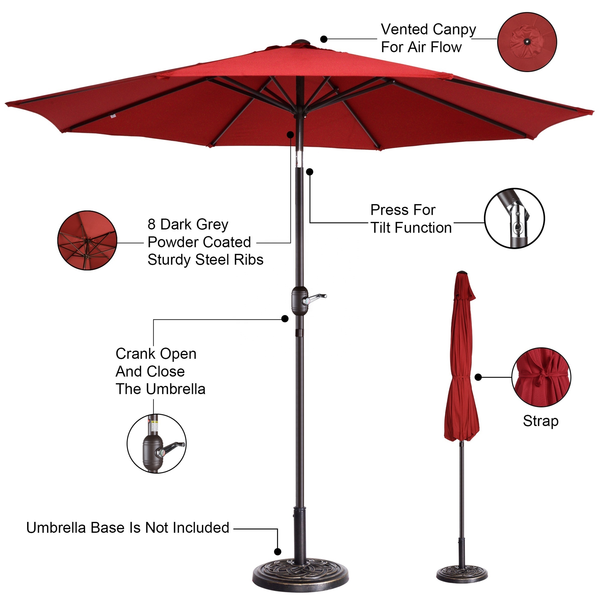 9ft waterproof outdoor garden patio Umbrella With Push Button Tilt And Crank,market umbrella Parasols with base