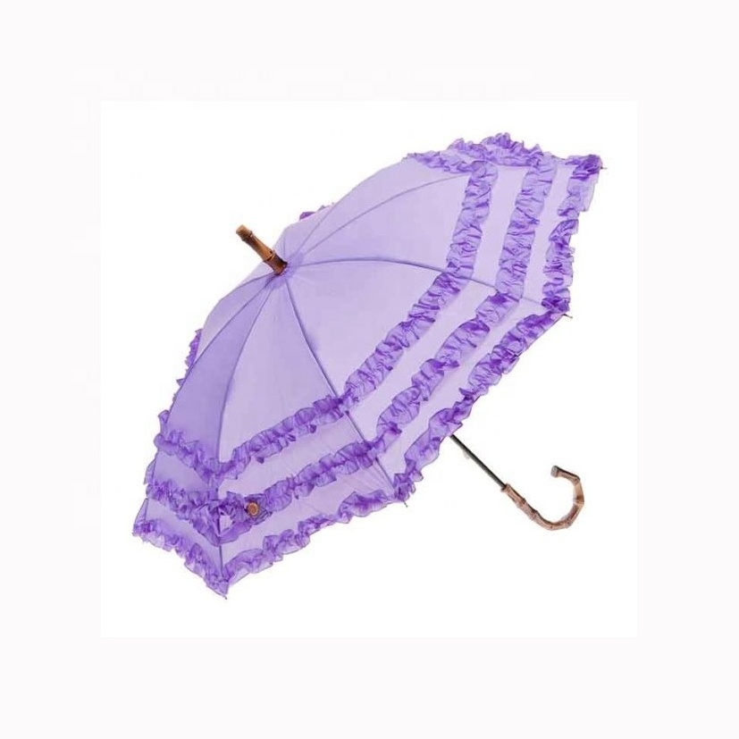 Super Frilly Lace Edge Piping Durable Waterproof Canopy Bamboo look Curved Handle Straight Stick Wedding Umbrellas