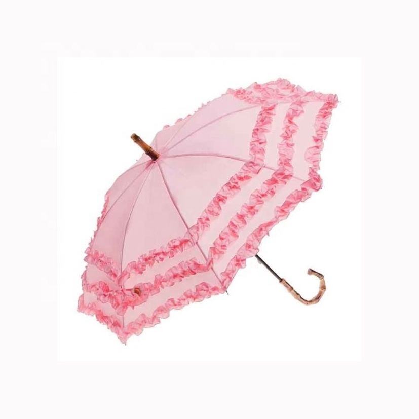 Super Frilly Lace Edge Piping Durable Waterproof Canopy Bamboo look Curved Handle Straight Stick Wedding Umbrellas