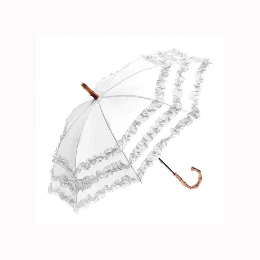 Super Frilly Lace Edge Piping Durable Waterproof Canopy Bamboo look Curved Handle Straight Stick Wedding Umbrellas