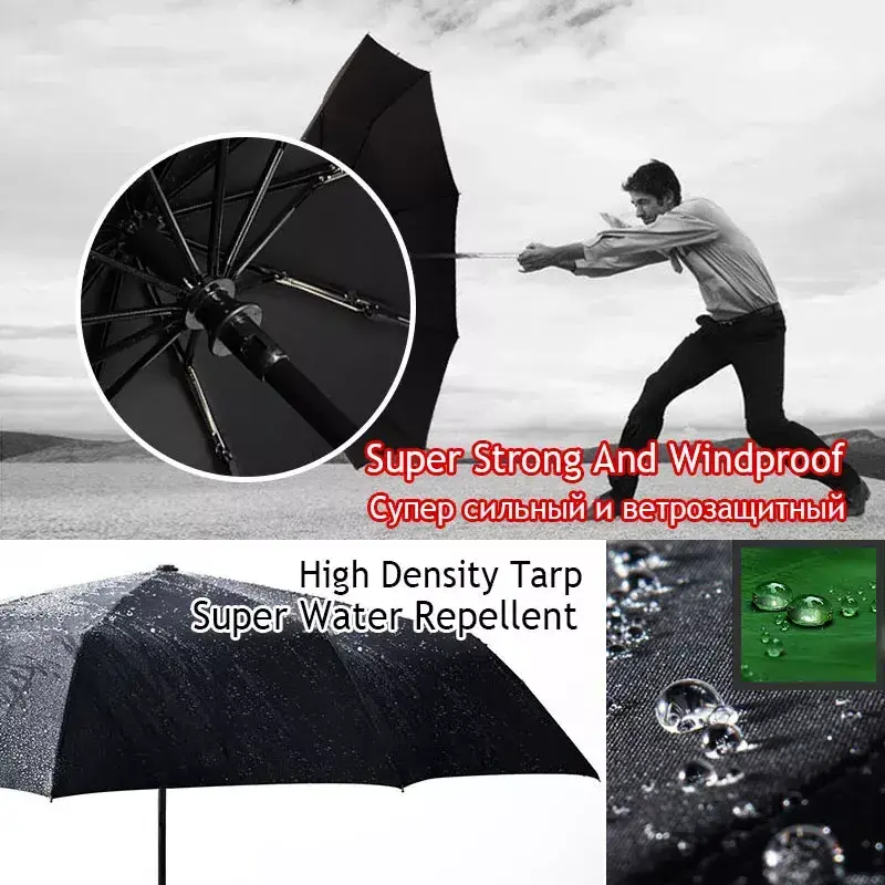 British Leather Handle Automatic Business 10 Ribs Strong Windproof waterproof 3 Folding Big Umbrella with logo for men