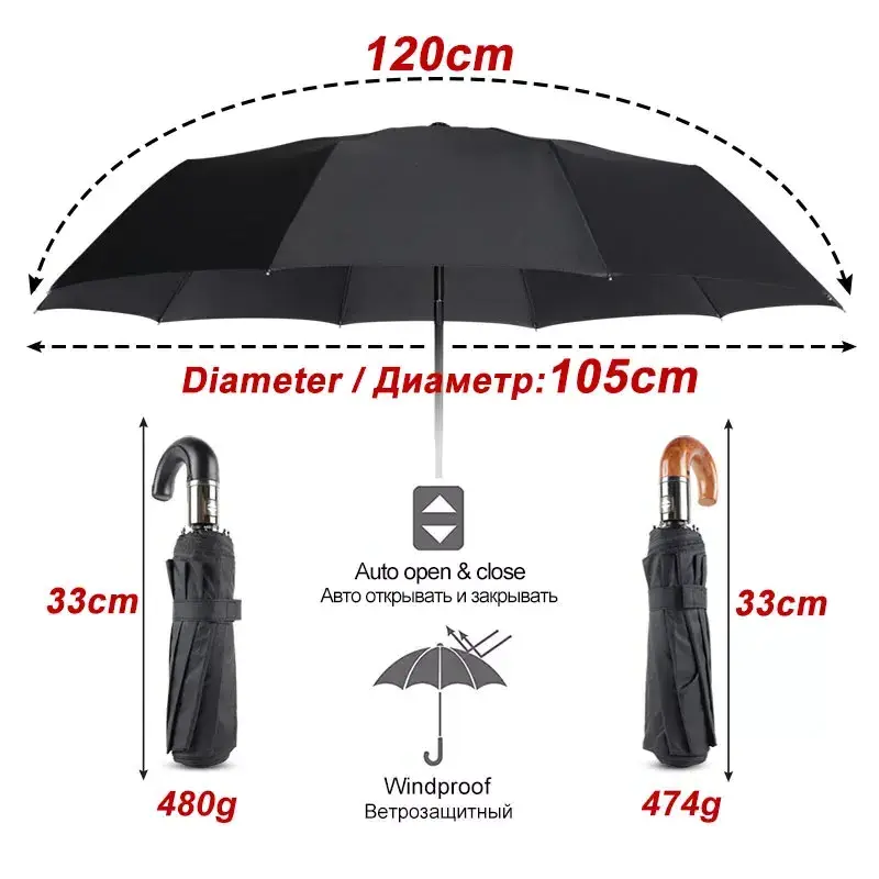 British Leather Handle Automatic Business 10 Ribs Strong Windproof waterproof 3 Folding Big Umbrella with logo for men