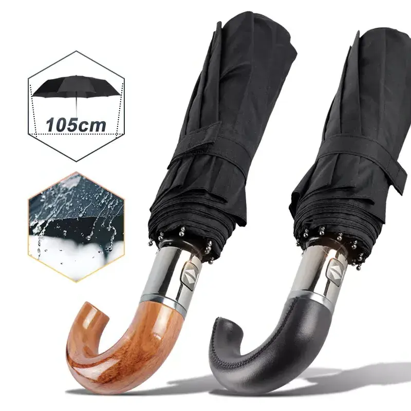 British Leather Handle Automatic Business 10 Ribs Strong Windproof waterproof 3 Folding Big Umbrella with logo for men