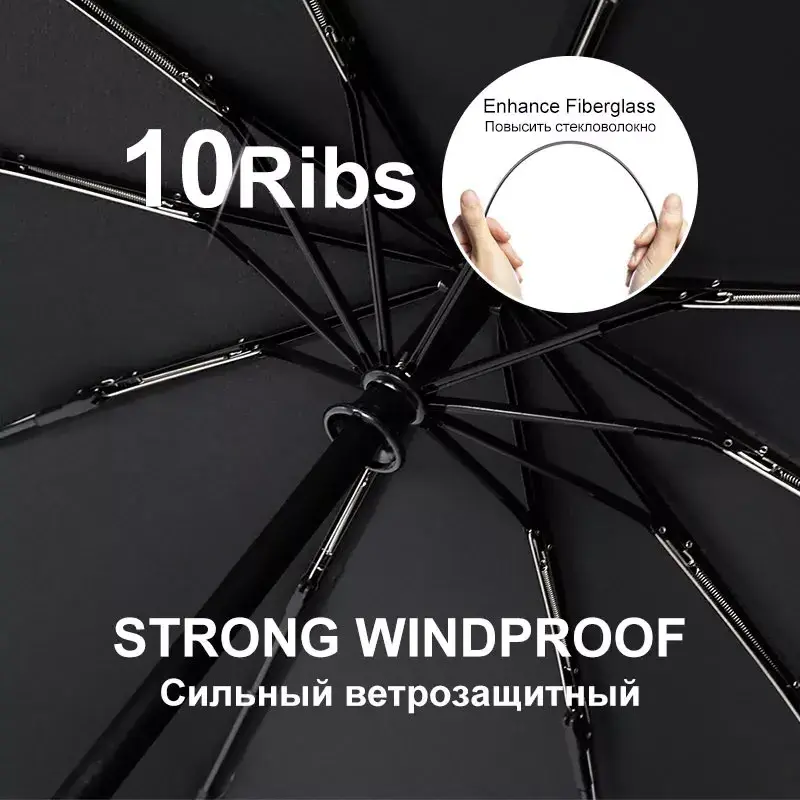 British Leather Handle Automatic Business 10 Ribs Strong Windproof waterproof 3 Folding Big Umbrella with logo for men