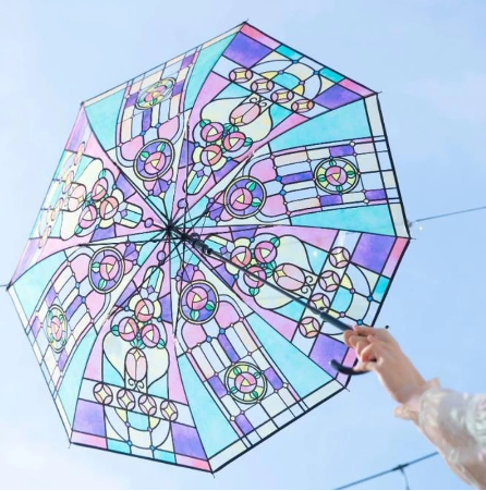 new design  Retro Palace Style Stained Glass Long Handle Automatic straight INS auto open Transparent Umbrella