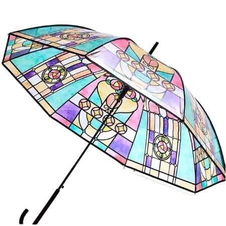 new design  Retro Palace Style Stained Glass Long Handle Automatic straight INS auto open Transparent Umbrella