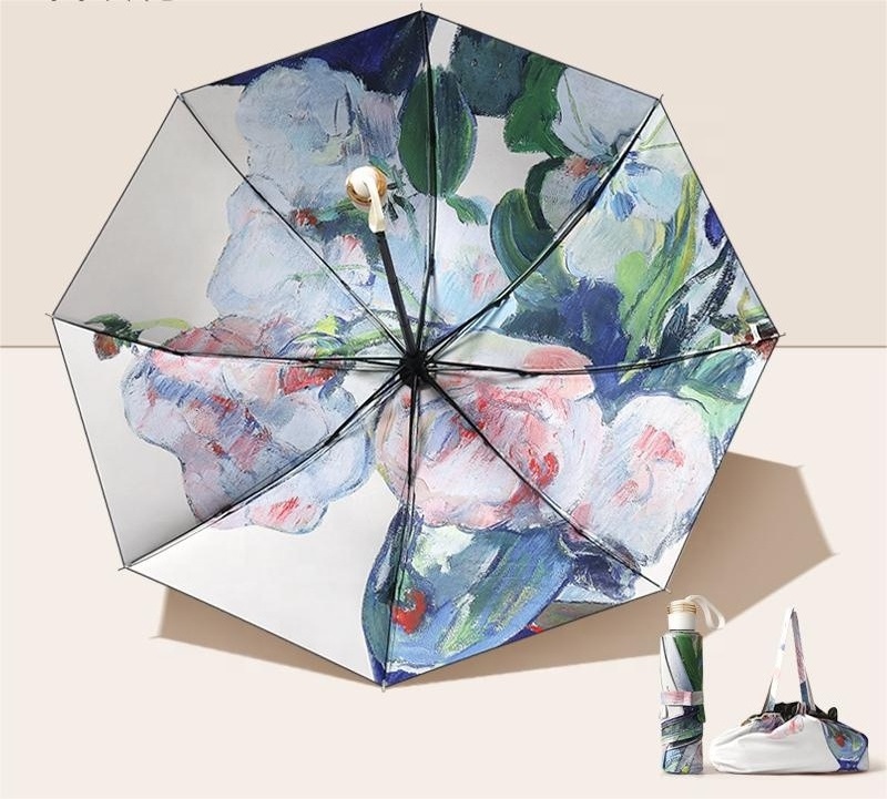 Double-sided flower 3 Folding reverse UV Umbrella  with Portable handbag for promotion ,compact umbrella