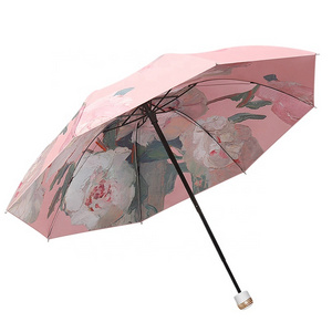 Double-sided flower 3 Folding reverse UV Umbrella  with Portable handbag for promotion ,compact umbrella