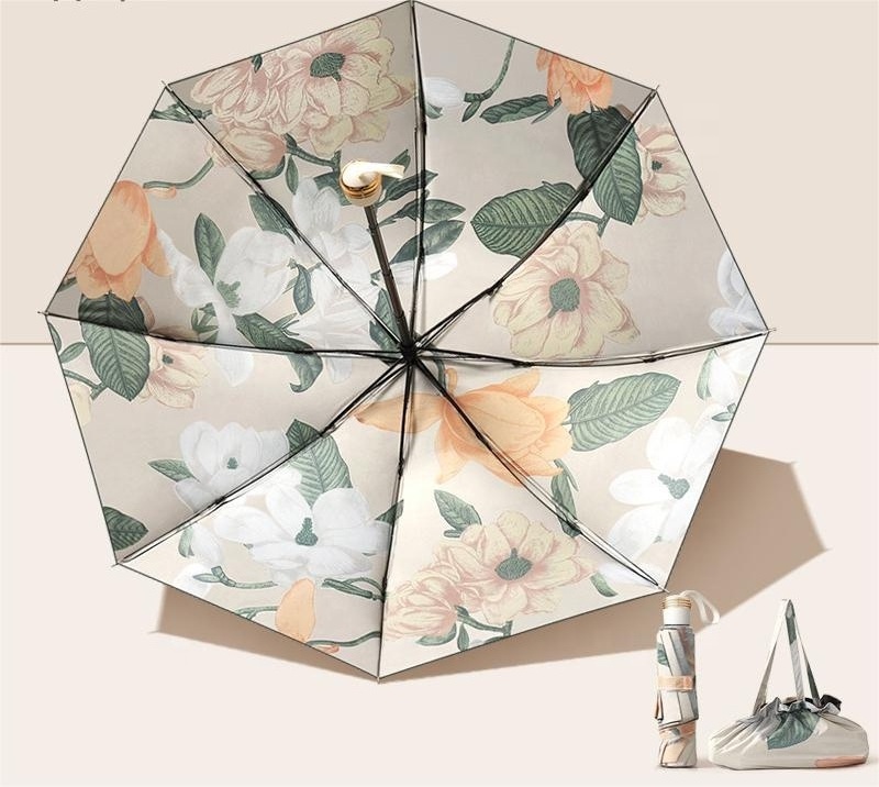 Double-sided flower 3 Folding reverse UV Umbrella  with Portable handbag for promotion ,compact umbrella