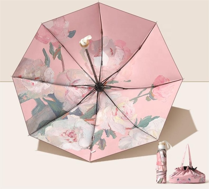 Double-sided flower 3 Folding reverse UV Umbrella  with Portable handbag for promotion ,compact umbrella