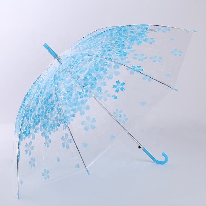 Wholesale fashion transparent cherry blossom umbrella, small fresh POE straight umbrella for women