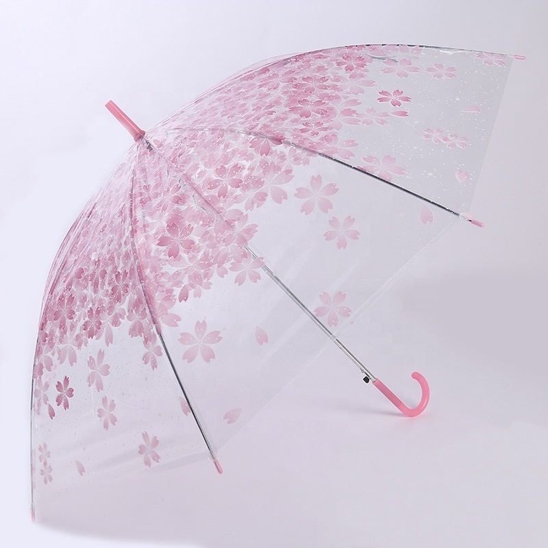 Wholesale fashion transparent cherry blossom umbrella, small fresh POE straight umbrella for women