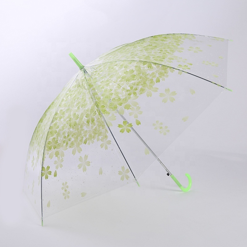 Wholesale fashion transparent cherry blossom umbrella, small fresh POE straight umbrella for women