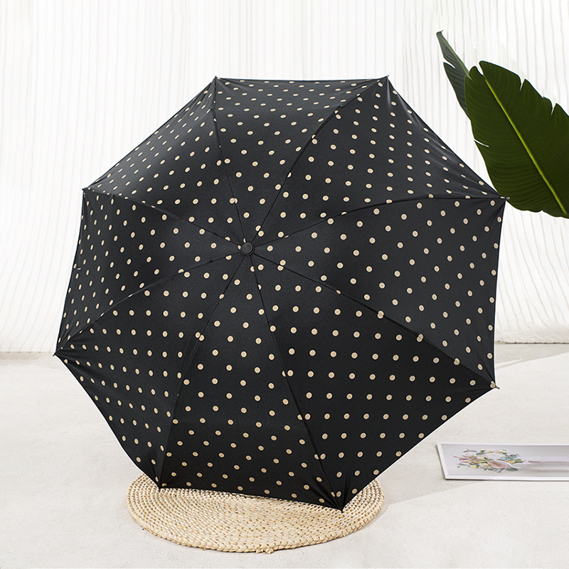 Promotional Modern  Classic Polka Dot Vinyl Sunny and Rainy Parasol Three Folding Umbrella,Sombrillas