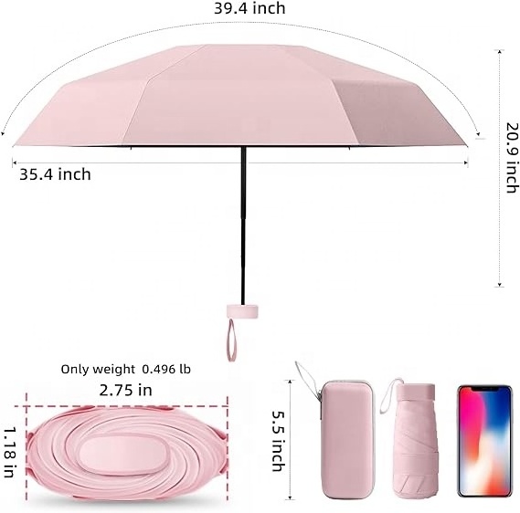 Mini Folding Portable Sun & Rain UV protection Compact Lightweight flat pocket Umbrella with Case