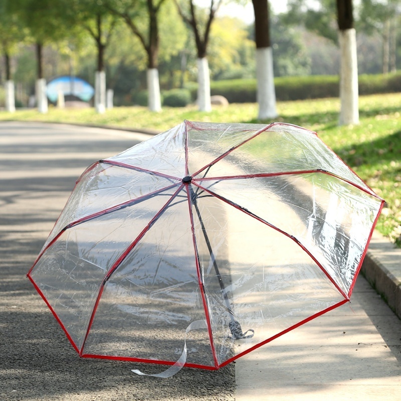 Wholesale Ready to Ship 21 inch Transparent Clear POE Three Fold Umbrellas for the Rain, Regenschirm