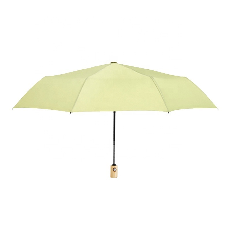 Solid color literary wholesale custom fully automatic 3 folding gift umbrella with wooden handle