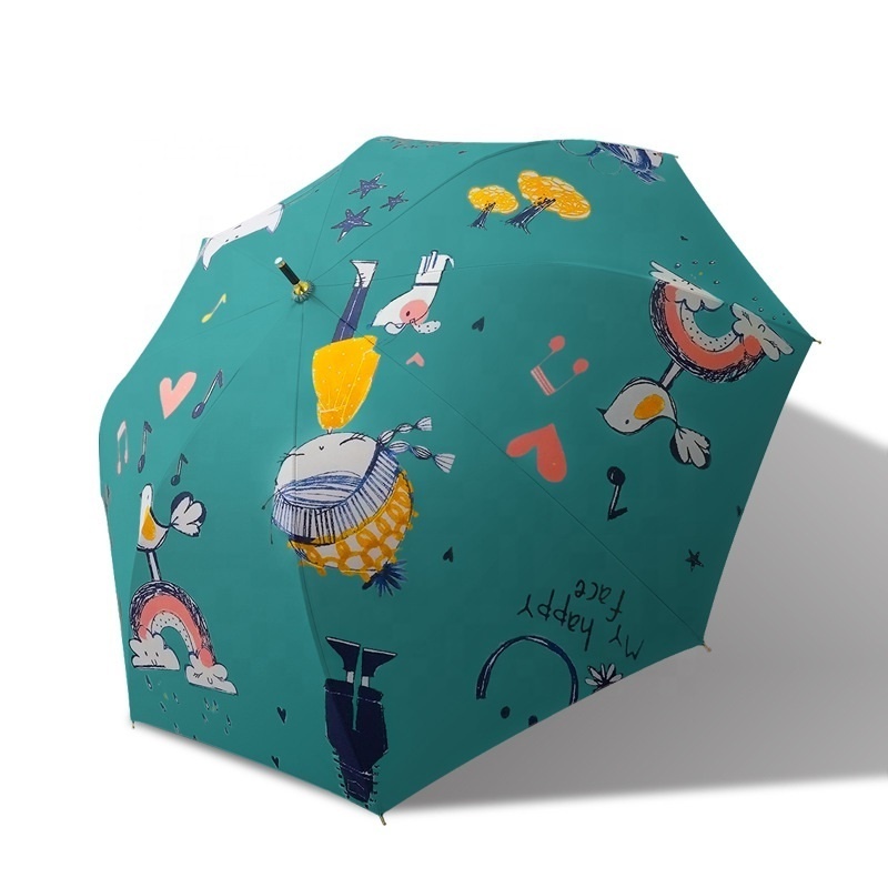 Creative cute pattern sunscreen automatic opening fiberglass straight umbrella with PU hook handle