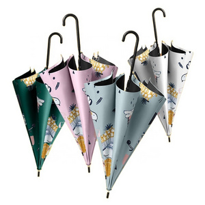 Creative cute pattern sunscreen automatic opening fiberglass straight umbrella with PU hook handle