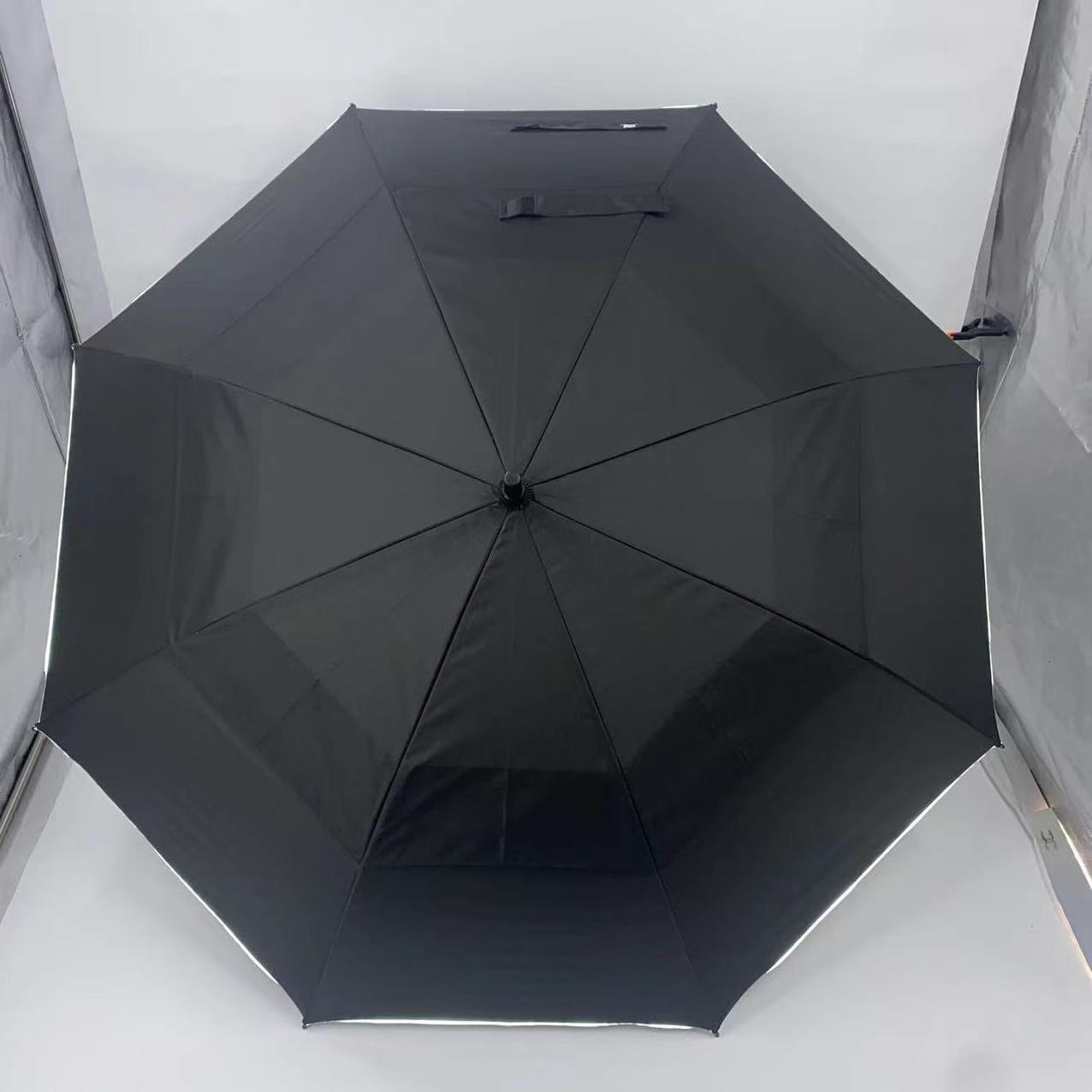 Large custom size auto open umbrella with logo,  double layer Black Business Golf umbrella with reflective