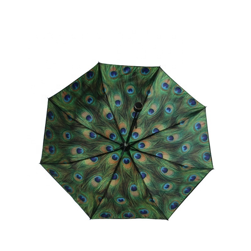 Black UV Double Creative Portable Three Folding Umbrella with Aluminum Alloy Peacock Rose Design