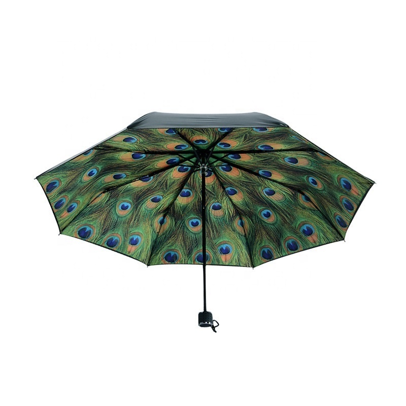 Black UV Double Creative Portable Three Folding Umbrella with Aluminum Alloy Peacock Rose Design