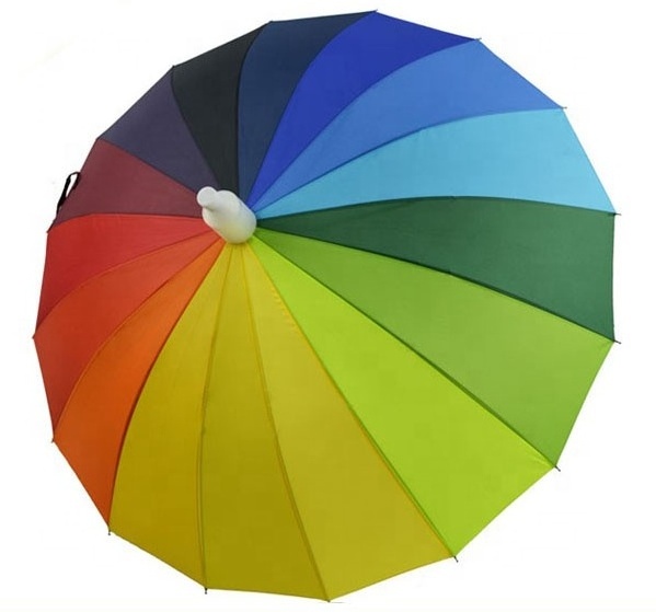 16ribs Straight no water drip plastic cover rainbow umbrella with PU leather handle