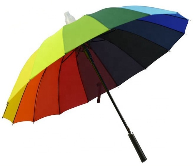 16ribs Straight no water drip plastic cover rainbow umbrella with PU leather handle