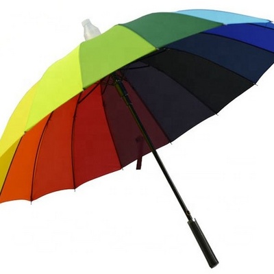 16ribs Straight no water drip plastic cover rainbow umbrella with PU leather handle